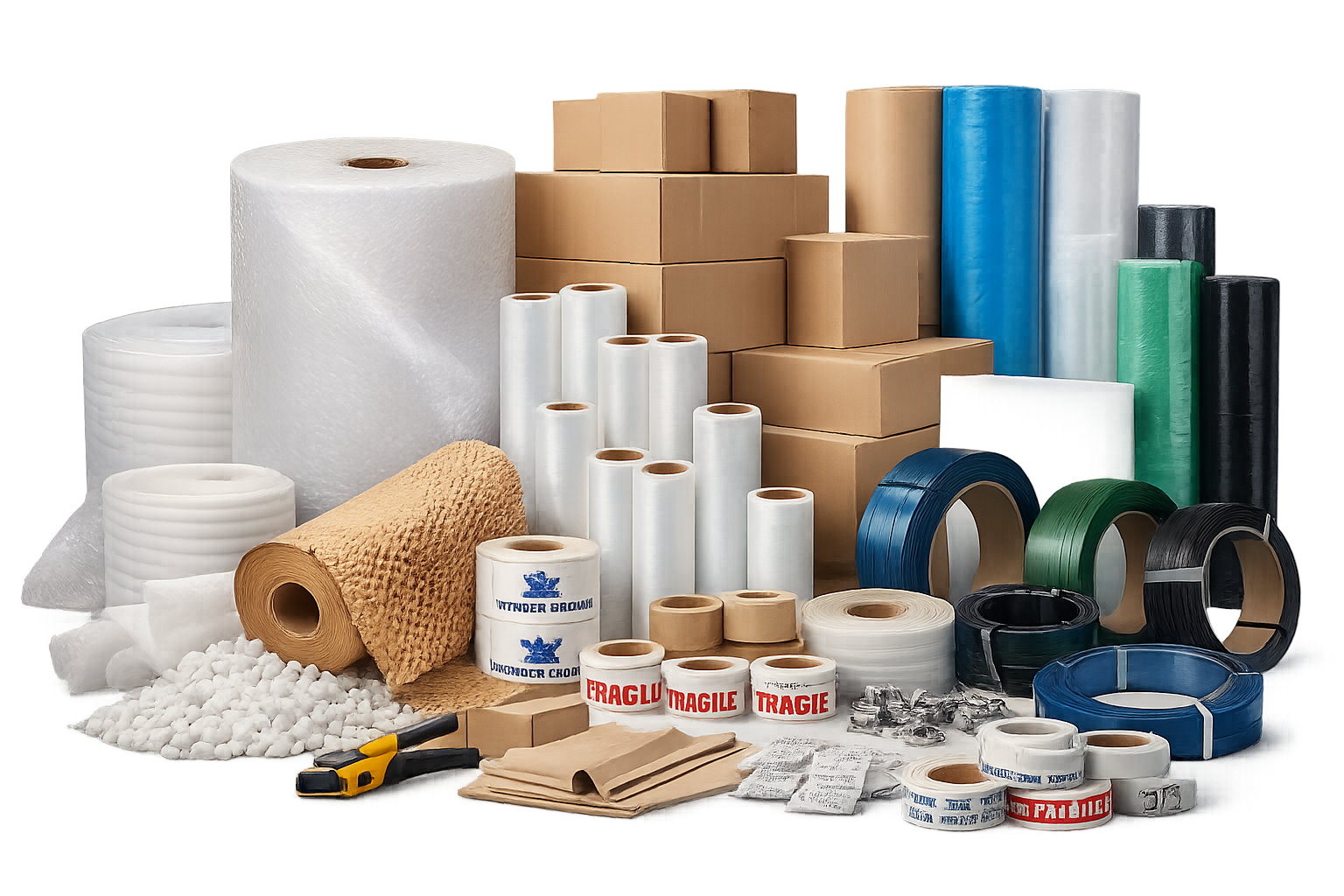 Wholesale packing materials in Chennai — corrugated boxes, bubble rolls, stretch films, tapes, strapping rolls and foam